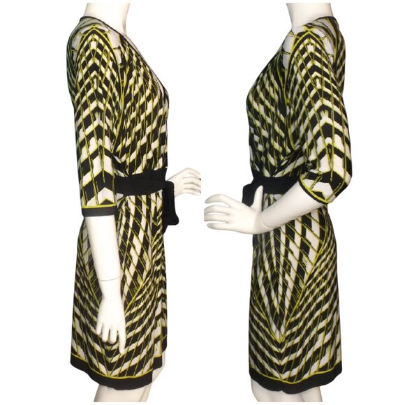 CALVIN KLEIN Dress, 12, Geometric, Half sleeve, Sash/Belt, Chartreuse/Black - Picture 8 of 11